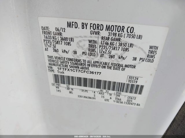 45993429 :رقم المزاد ، 1FTFX1CT7CFC36177 vin ، 2012 Ford F-150 Xlt مزاد بيع