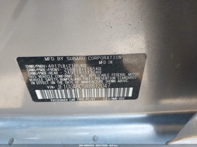 Aukcja sprzedaży 2024 Subaru Impreza Base 5-door, vin: JF1GUABC5R8872047, numer aukcji: 45993438