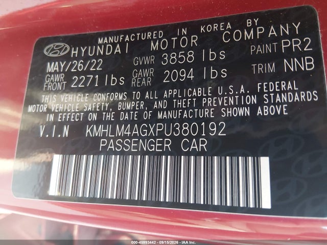 Aukcja sprzedaży 2023 Hyundai Elantra Sel, vin: KMHLM4AGXPU380192, numer aukcji: 45993442