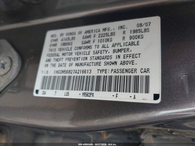 45993456 :رقم المزاد ، 1HGCM56827A216613 vin ، 2007 Honda Accord 2.4 Ex مزاد بيع