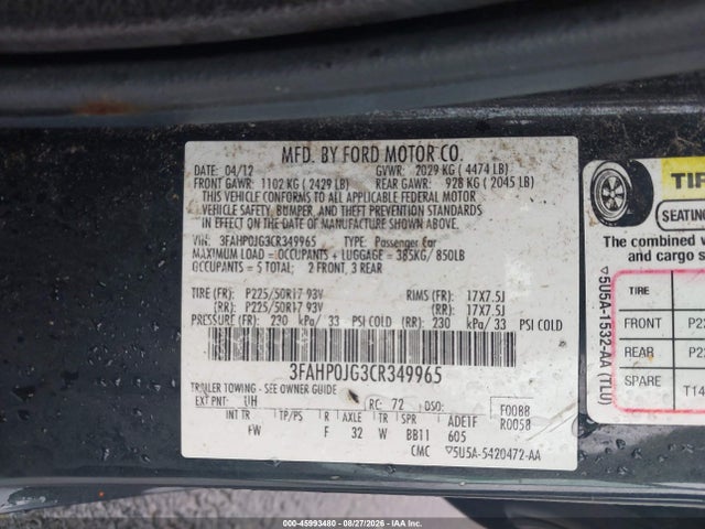45993480 :رقم المزاد ، 3FAHP0JG3CR349965 vin ، 2012 Ford Fusion Sel مزاد بيع
