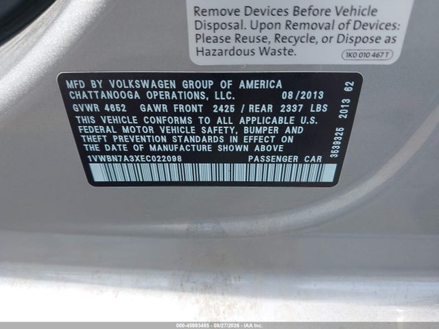 2014 Volkswagen Passat 2.0l Tdi Se მანქანა იყიდება აუქციონზე, vin: 1VWBN7A3XEC022098, აუქციონის ნომერი: 45993485