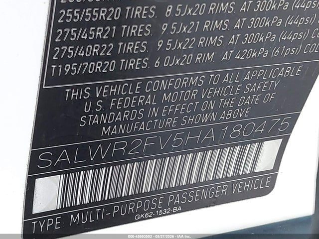 45993502 :رقم المزاد ، SALWR2FV5HA180475 vin ، 2017 Land Rover Range Rover Sport 3.0l V6 Supercharged Hse مزاد بيع