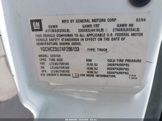 45993505 :رقم المزاد ، 1GCHC23U74F206133 vin ، 2004 Chevrolet Silverado 2500hd Work Truck مزاد بيع