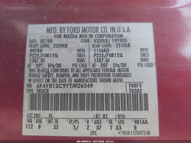 45993514 :رقم المزاد ، 4F4YR12C9YTM26549 vin ، 2000 Mazda B2500 Se/sx مزاد بيع