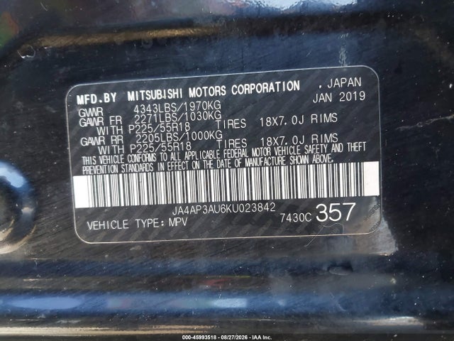 Продаж на аукціоні авто 2019 Mitsubishi Outlander Sport Es/le/sp, vin: JA4AP3AU6KU023842, номер лоту: 45993518