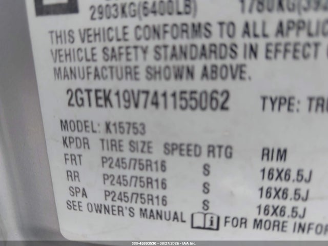 45993530 :رقم المزاد ، 2GTEK19V741155062 vin ، 2004 Gmc New Sierra K1500 مزاد بيع