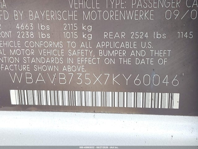 Продажа на аукционе авто 2007 Bmw 335i, vin: WBAVB735X7KY60046, номер лота: 45993532