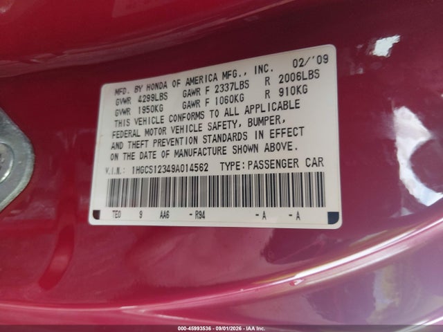 2009 Honda Accord 2.4 Lx-s მანქანა იყიდება აუქციონზე, vin: 1HGCS12349A014562, აუქციონის ნომერი: 45993536