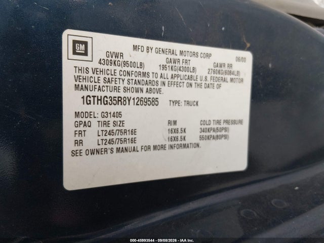 45993544 :رقم المزاد ، 1GTHG35R8Y1269585 vin ، 2000 Gmc Savana Standard مزاد بيع