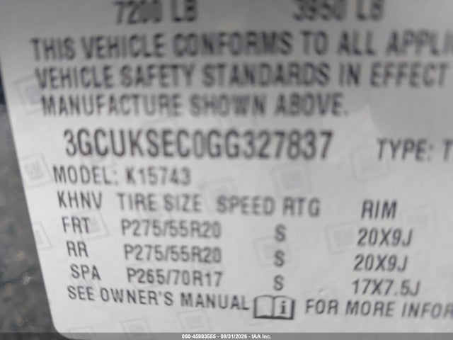 Aukcja sprzedaży 2016 Chevrolet Silverado 1500 Ltz, vin: 3GCUKSEC0GG327837, numer aukcji: 45993555