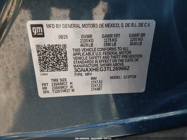 Продажа на аукционе авто 2026 Chevrolet Equinox Fwd Lt, vin: 3GNAXHEG3TL269662, номер лота: 45993558