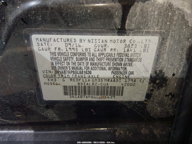 2016 Nissan Sentra S მანქანა იყიდება აუქციონზე, vin: 3N1AB7AP8GL681639, აუქციონის ნომერი: 45993566