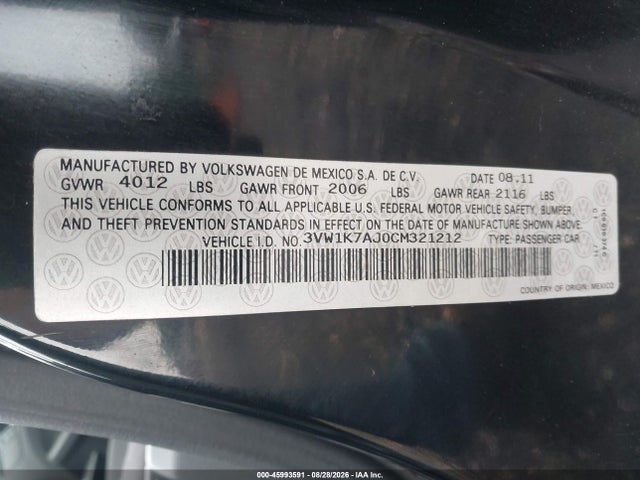 2012 Volkswagen Jetta 2.0l S მანქანა იყიდება აუქციონზე, vin: 3VW1K7AJ0CM321212, აუქციონის ნომერი: 45993591