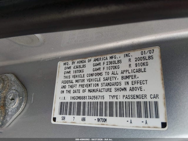 Aukcja sprzedaży 2007 Honda Accord 3.0 Ex, vin: 1HGCM66817A056715, numer aukcji: 45993592