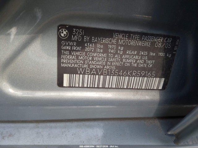Продаж на аукціоні авто 2006 Bmw 325i, vin: WBAVB13546KR59165, номер лоту: 45993594