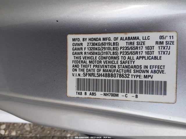 45993596 :رقم المزاد ، 5FNRL5H48BB078632 vin ، 2011 Honda Odyssey Ex مزاد بيع