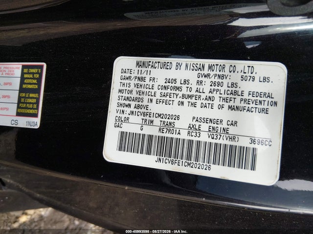 Aukcja sprzedaży 2012 Infiniti G37, vin: JN1CV6FE1CM202026, numer aukcji: 45993598