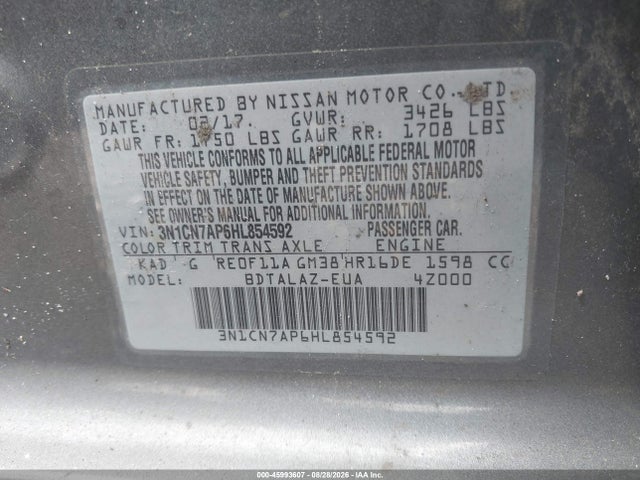 2017 Nissan Versa 1.6 S+ მანქანა იყიდება აუქციონზე, vin: 3N1CN7AP6HL854592, აუქციონის ნომერი: 45993607