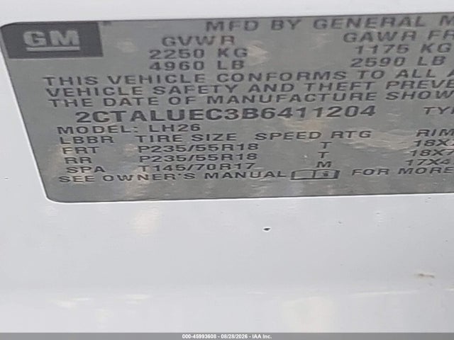Aukcja sprzedaży 2011 Gmc Terrain Slt-1, vin: 2CTALUEC3B6411204, numer aukcji: 45993608