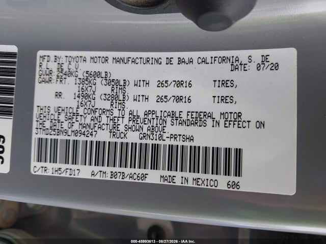 3TMDZ5BN9LM094247 Toyota Tacoma Double Cab/sr5/trd Sport/trd Off Road