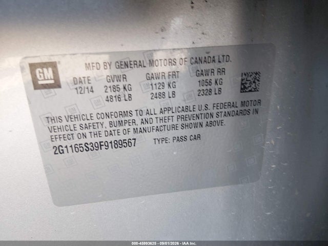 45993625 :رقم المزاد ، 2G1165S39F9189567 vin ، 2015 Chevrolet Impala 2lz مزاد بيع