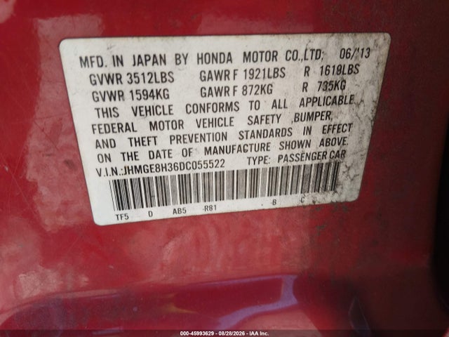 45993629 :رقم المزاد ، JHMGE8H36DC055522 vin ، 2013 Honda Fit مزاد بيع