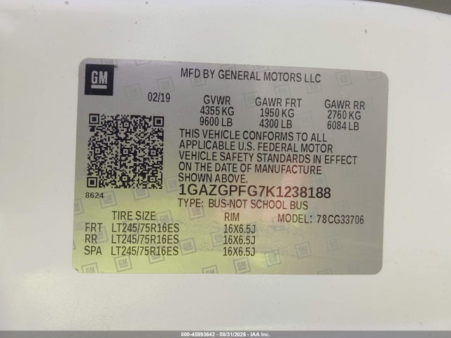 2019 Chevrolet Express 3500 Lt მანქანა იყიდება აუქციონზე, vin: 1GAZGPFG7K1238188, აუქციონის ნომერი: 45993642