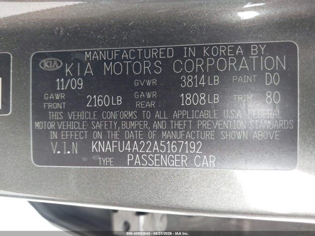 2010 Kia Forte Ex მანქანა იყიდება აუქციონზე, vin: KNAFU4A22A5167192, აუქციონის ნომერი: 45993645
