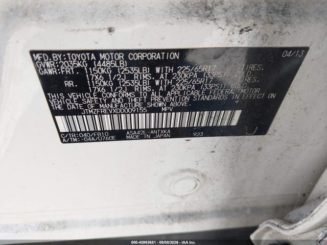 Aukcja sprzedaży 2013 Toyota Rav4 Le, vin: JTMZFREVXDD009155, numer aukcji: 45993651