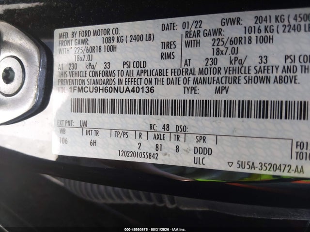 45993675 :رقم المزاد ، 1FMCU9H60NUA40136 vin ، 2022 Ford Escape Sel مزاد بيع
