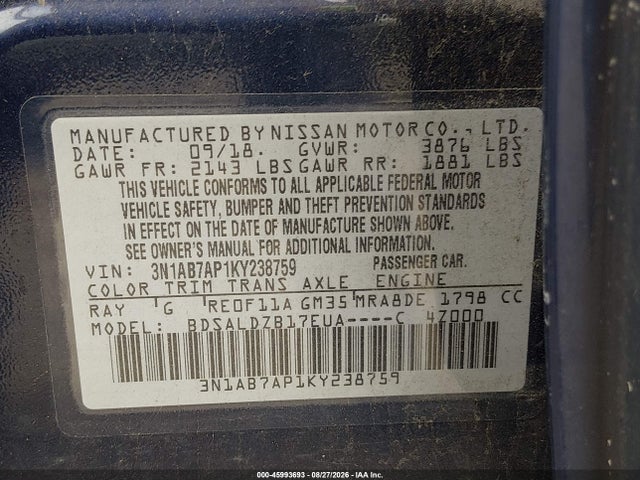 Nissan SENTRA SV 2019 3N1AB7AP1KY238759 Image 9