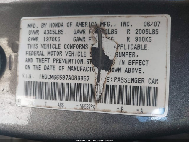 Продажа на аукционе авто 2007 Honda Accord 3.0 Ex, vin: 1HGCM66597A089967, номер лота: 45993715