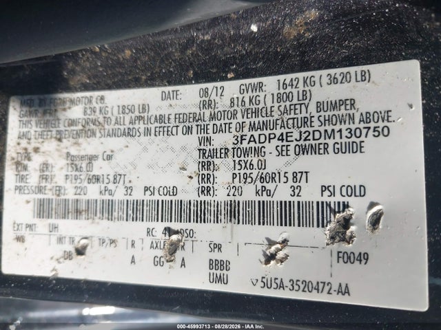 2013 Ford Fiesta Se მანქანა იყიდება აუქციონზე, vin: 3FADP4EJ2DM130750, აუქციონის ნომერი: 45993713