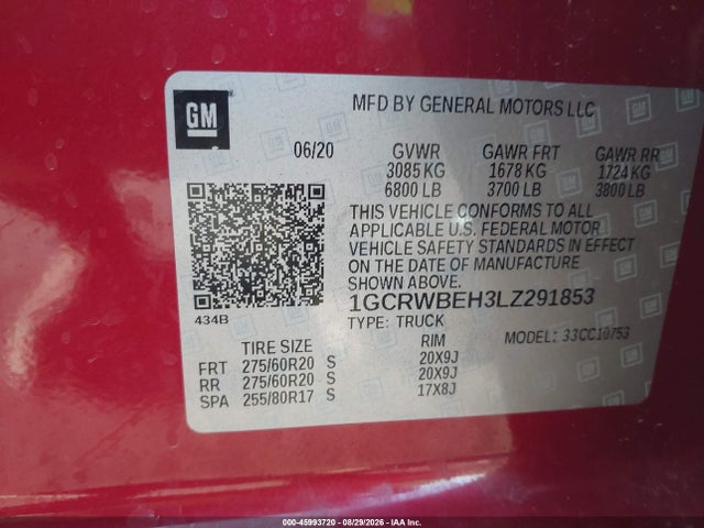 45993720 :رقم المزاد ، 1GCRWBEH3LZ291853 vin ، 2020 Chevrolet Silverado C1500 Custom مزاد بيع