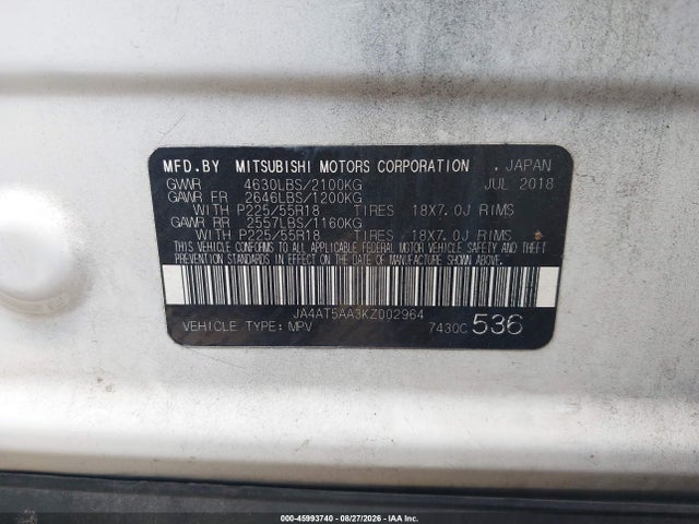 Aukcja sprzedaży 2019 Mitsubishi Eclipse Cross Se, vin: JA4AT5AA3KZ002964, numer aukcji: 45993740