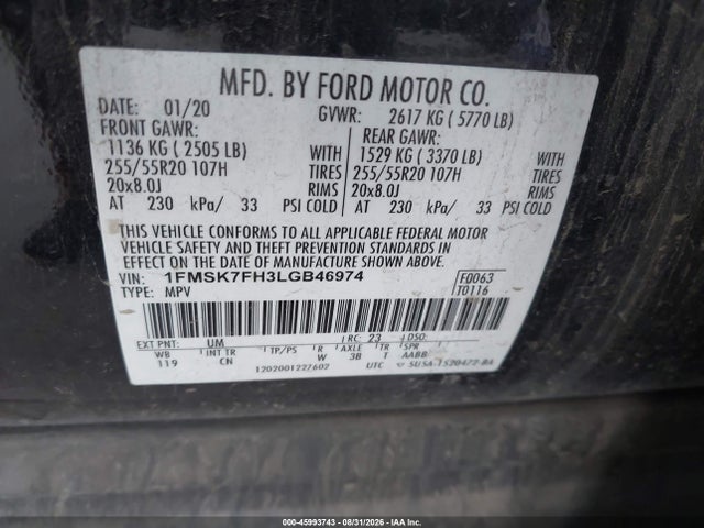 Продаж на аукціоні авто 2020 Ford Explorer Limited, vin: 1FMSK7FH3LGB46974, номер лоту: 45993743