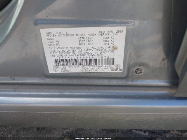 Aukcja sprzedaży 2009 Mitsubishi Galant Es/sport Edition, vin: 4A3AB36F09E012674, numer aukcji: 45993756