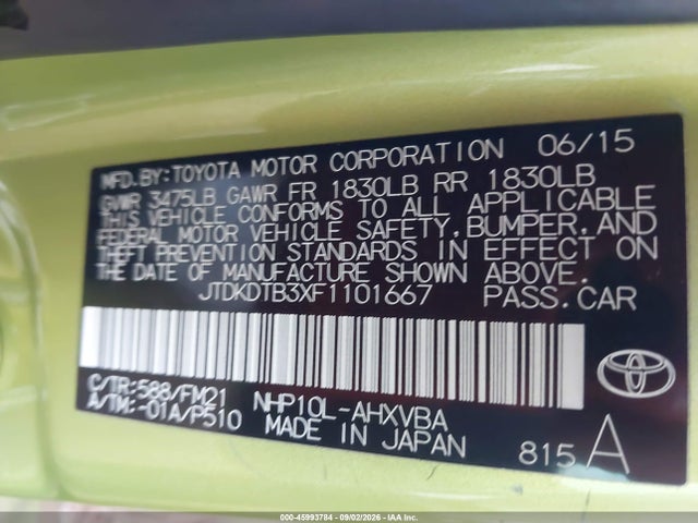 45993784 :رقم المزاد ، JTDKDTB3XF1101667 vin ، 2015 Toyota Prius C Two مزاد بيع