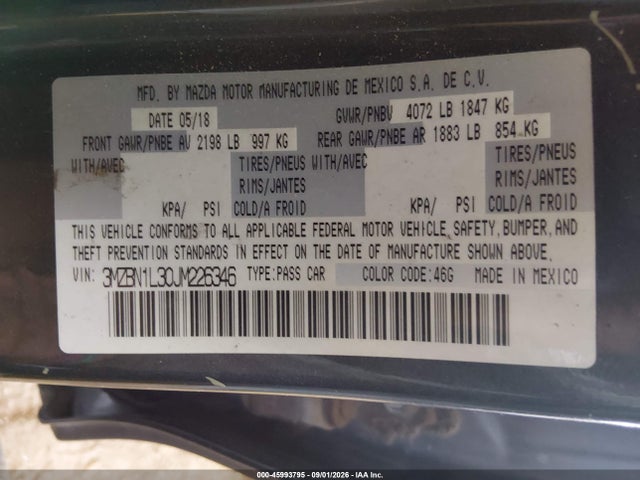 2018 Mazda Mazda3 Touring მანქანა იყიდება აუქციონზე, vin: 3MZBN1L30JM226346, აუქციონის ნომერი: 45993795