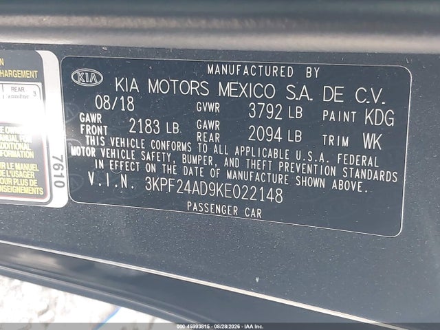 Auction sale of the 2019 Kia Forte Lxs, vin: 3KPF24AD9KE022148, lot number: 45993815