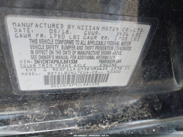 2018 Nissan Versa 1.6 Sv მანქანა იყიდება აუქციონზე, vin: 3N1CN7AP9JL881338, აუქციონის ნომერი: 45993827