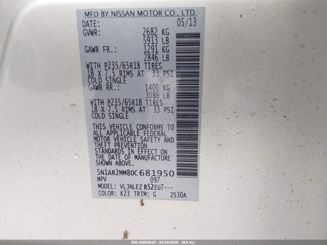 2013 Nissan Pathfinder Sv მანქანა იყიდება აუქციონზე, vin: 5N1AR2MM8DC681950, აუქციონის ნომერი: 45993842