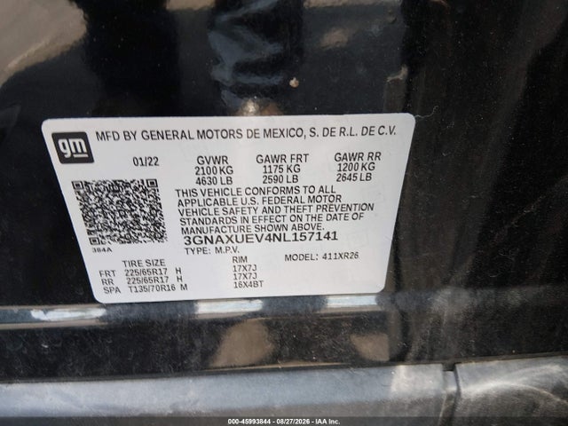 Aukcja sprzedaży 2022 Chevrolet Equinox Awd Lt, vin: 3GNAXUEV4NL157141, numer aukcji: 45993844