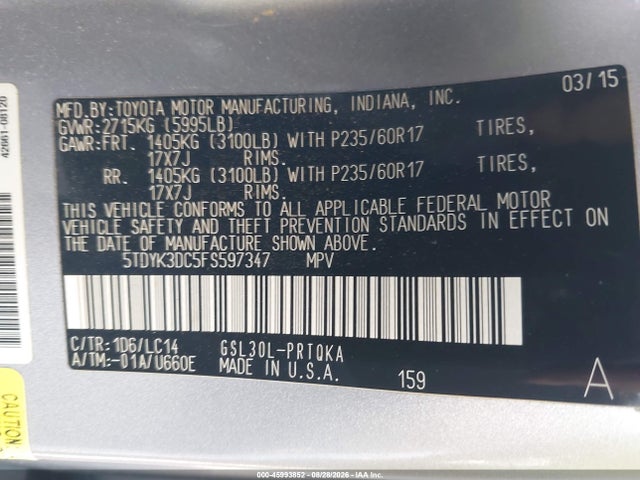 5TDYK3DC5FS597347 Toyota Sienna Xle Premium 8 Passenger