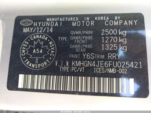 2015 Hyundai Genesis 3.8 Premium მანქანა იყიდება აუქციონზე, vin: KMHGN4JE6FU025421, აუქციონის ნომერი: 45993855