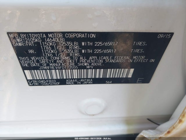 45993860 :رقم المزاد ، JTMBFREV6FD173555 vin ، 2015 Toyota Rav4 Le مزاد بيع