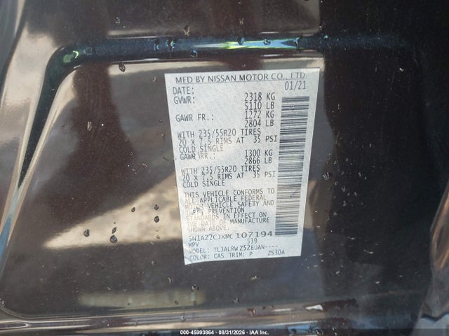 Продаж на аукціоні авто 2021 Nissan Murano Sl Fwd, vin: 5N1AZ2CJXMC107194, номер лоту: 45993864