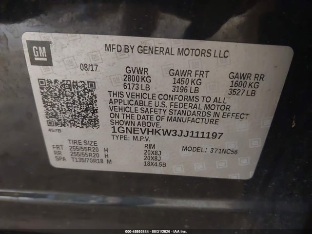 45993884 :رقم المزاد ، 1GNEVHKW3JJ111197 vin ، 2018 Chevrolet Traverse 3lt مزاد بيع