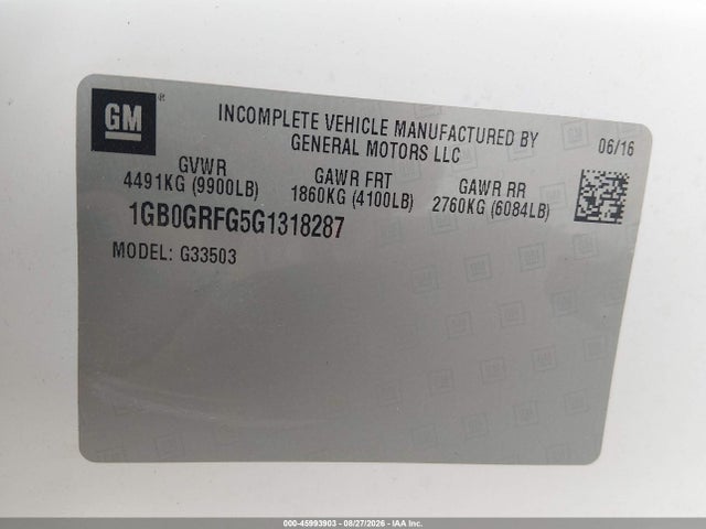 Auction sale of the 2016 Chevrolet Express Cutaway 3500, vin: 1GB0GRFG5G1318287, lot number: 45993903